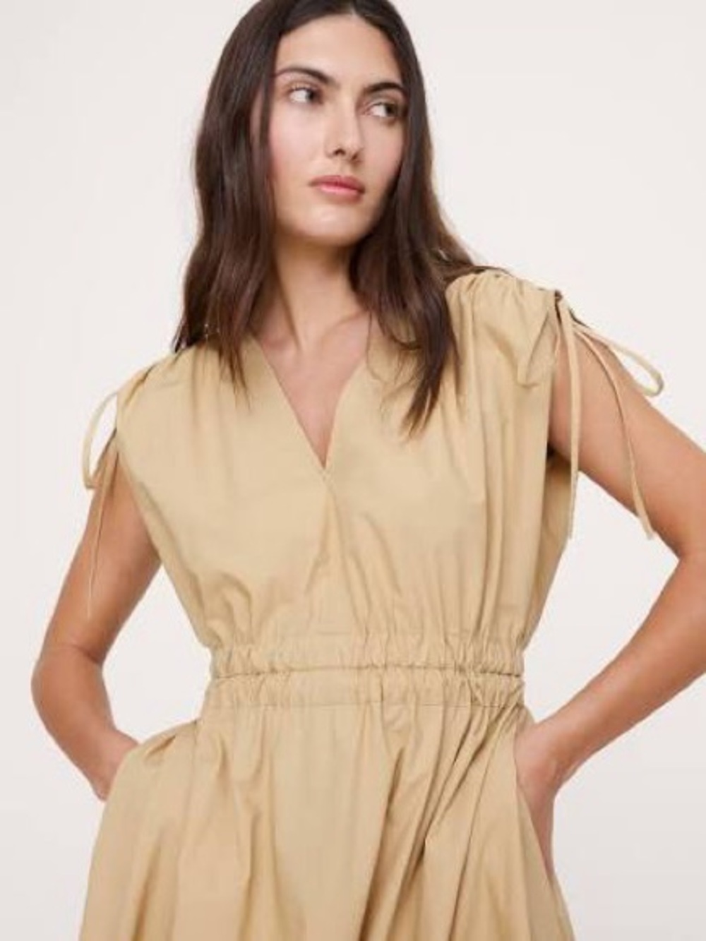BR Poplin Ruched-shoulder Maxi Dress